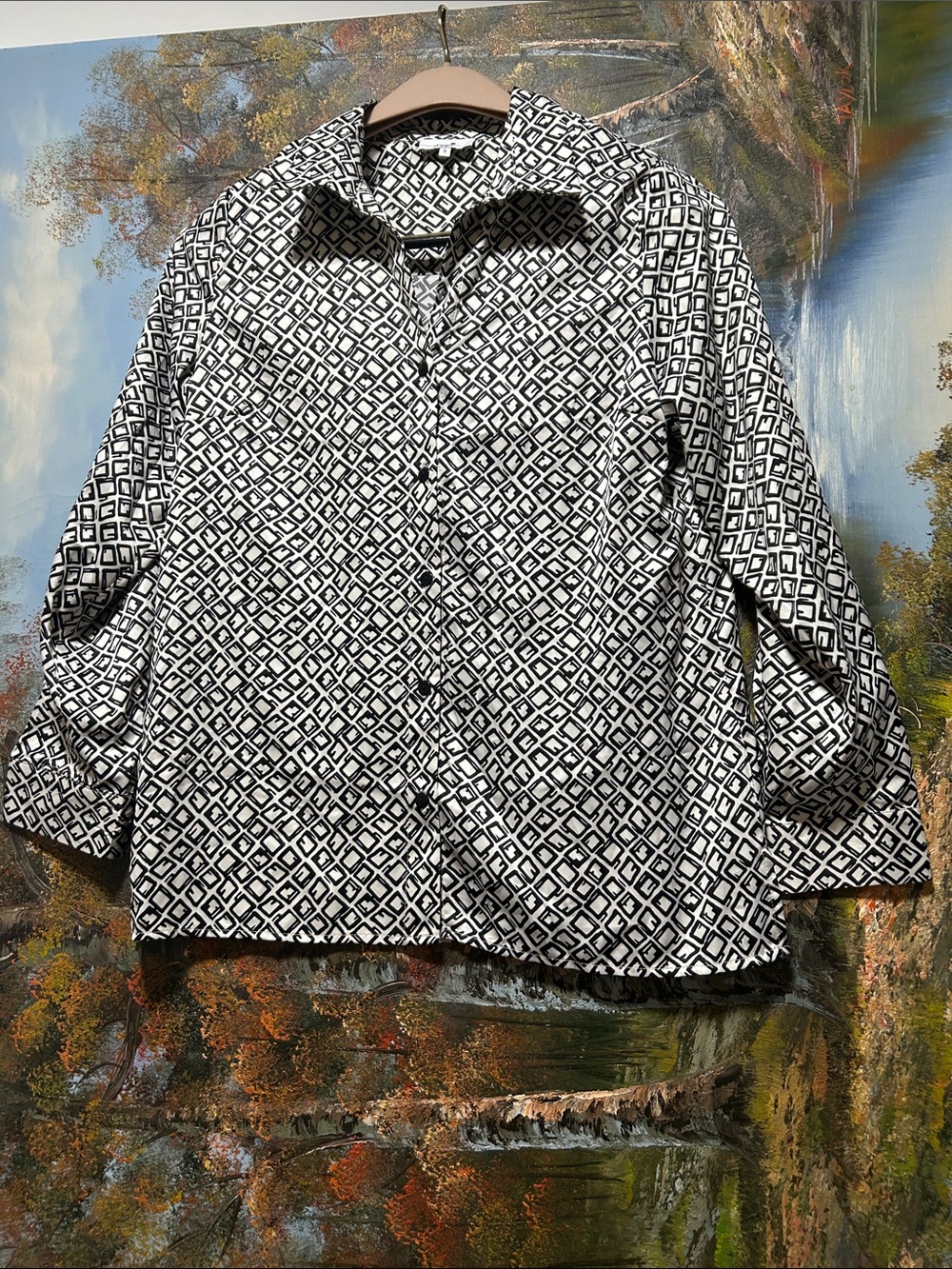 Black and White Geometric Button-Up Shirt